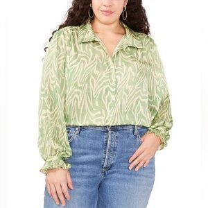 NWT Vince Camuto Plus Sz 2X Wild Zebra Print  Satin Button Front Blouse …